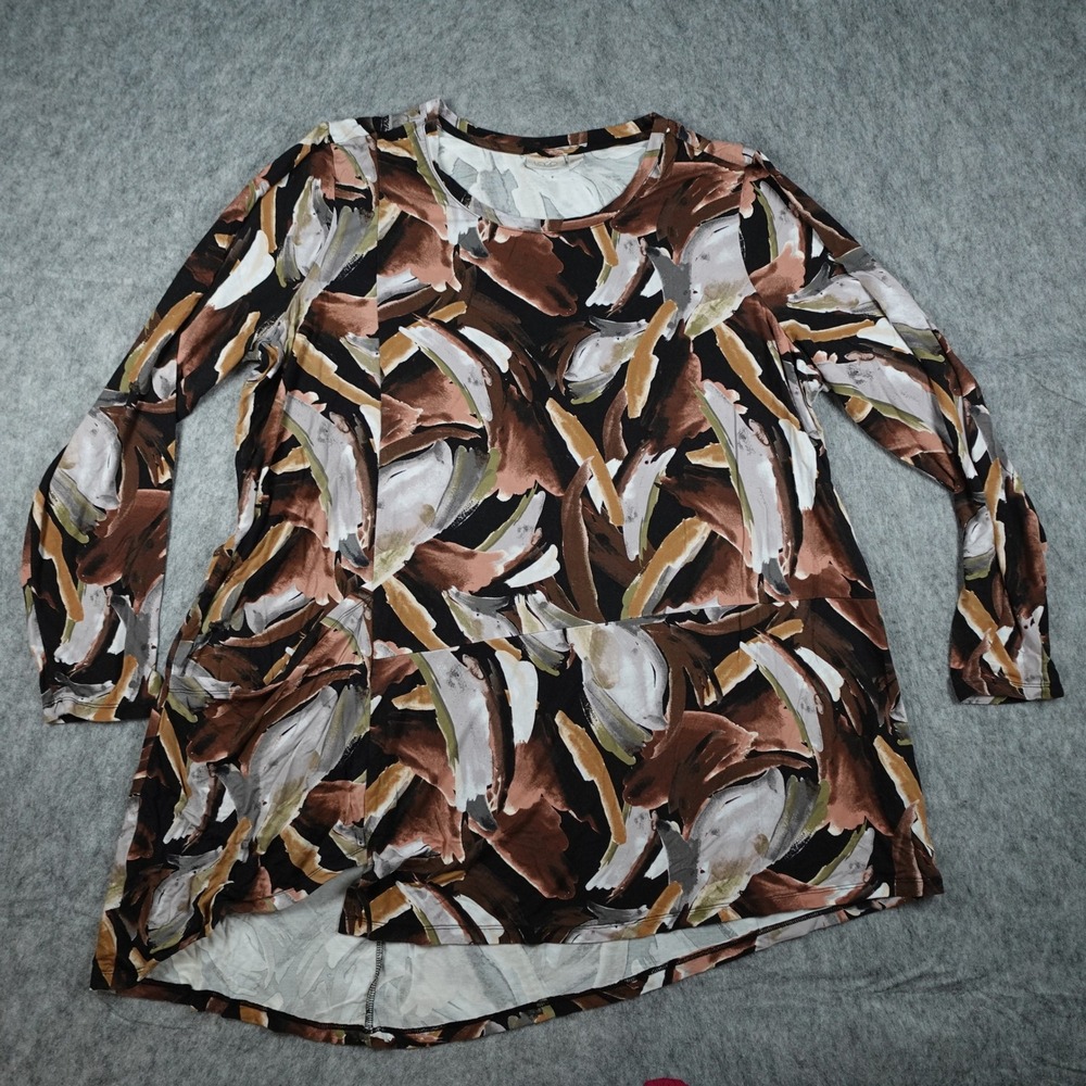 LOGO Lori Goldstein Top Women 2X Brown Abstract Paola Asymmetrical Long Sleeve